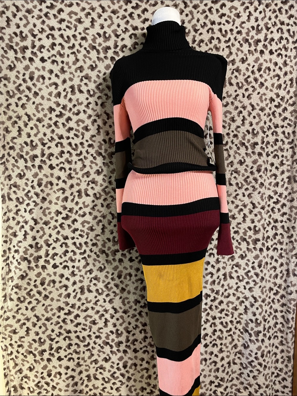 Women’s Striped Ribbed Turtleneck Midi Dress - Pink Multi